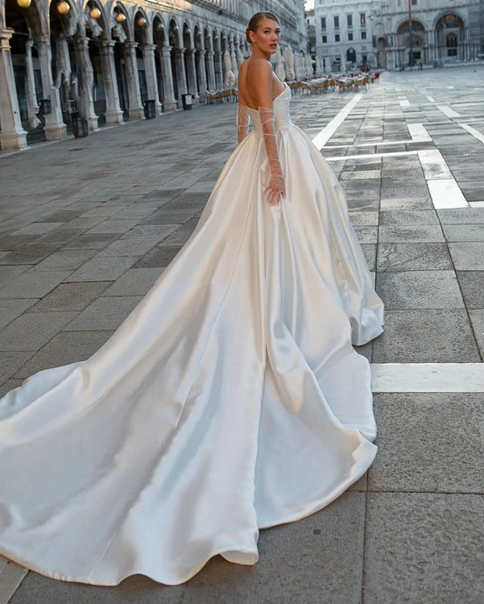 Gorgeous Satin Modern Wedding Dresses Elegant Off Shoulder Sleeveless Train Floor-Length Fluffy Princess Style Bride Gowns
