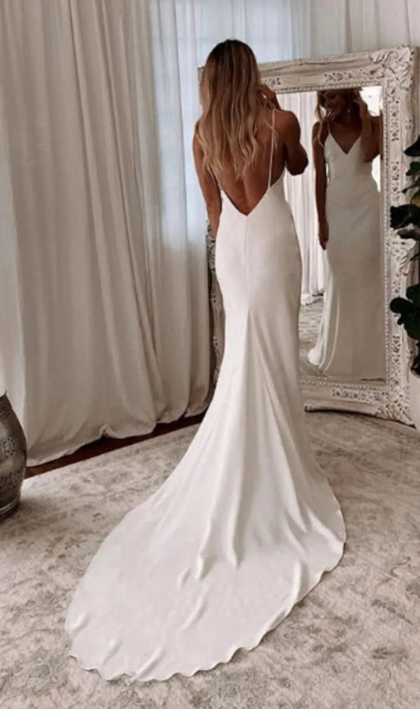 Modern Simple Satin Wedding Dress V-neck Spaghetti Straps Backless Formal Pleat Bridal Growns vestido de noiva Sweep Train