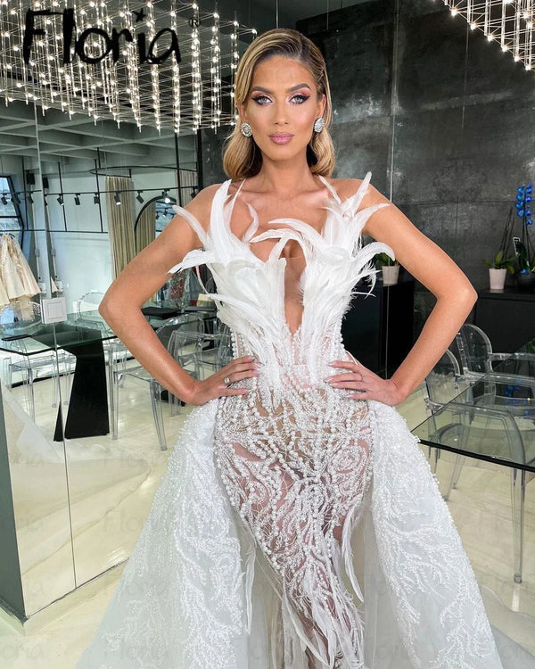 Floria Ivory Feather Mermaid Wedding Dresses Luxury For Women Detachable Train Bridal Gowns Formal Prom Gowns for Wedding