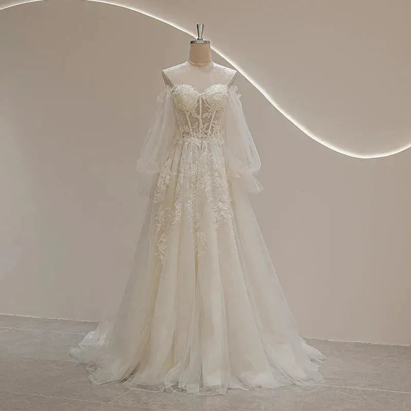 SL-9293 Suli Romantic Sweetheart Neckline Puff Long Sleeve Bride Wedding Dress Lace Appliques Beading Bohemian Bridal Gown Ivory 50Cm