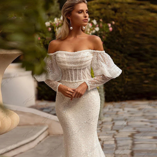 A-Line Backless New Wedding Dresses For Women Sexy Mermaid Off Shoulder Fluffy Long Sleeves Simple Slimming Mopping Bride Gowns