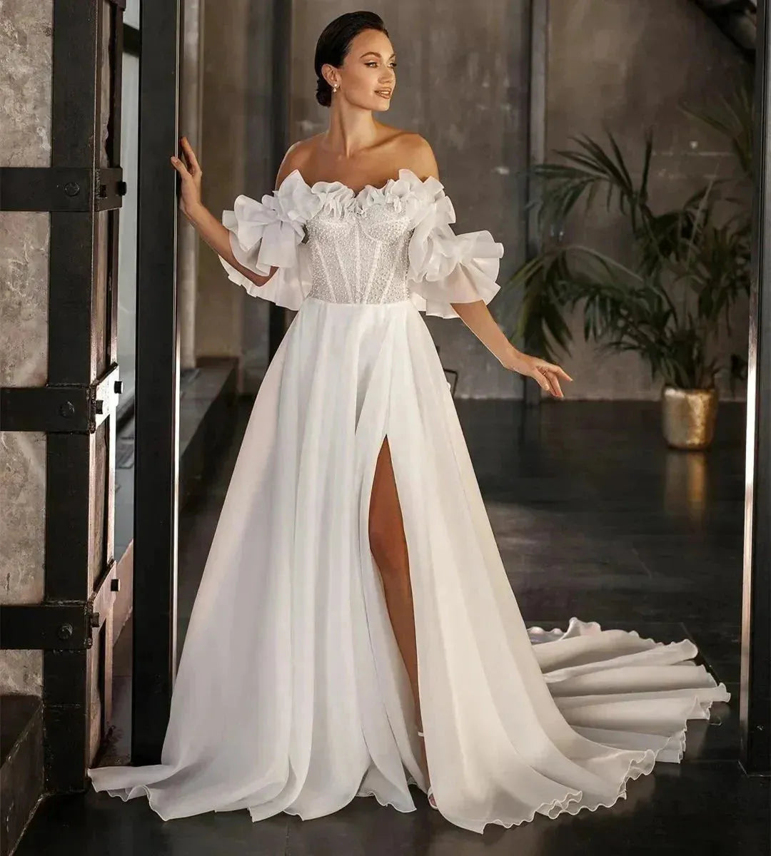 Exquisite Wedding Dresses A-Line Boat Neck Bridal Gowns Ruched Satin Robes For Formal Party High Split Vestidos De Novia 14W