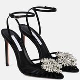 Retro Rhinestone Flower Stiletto High Heels Pointed Toe Hollow Buckle Strap Sandals Fashion Shoes Ladies Summer Elegant 46 Gold