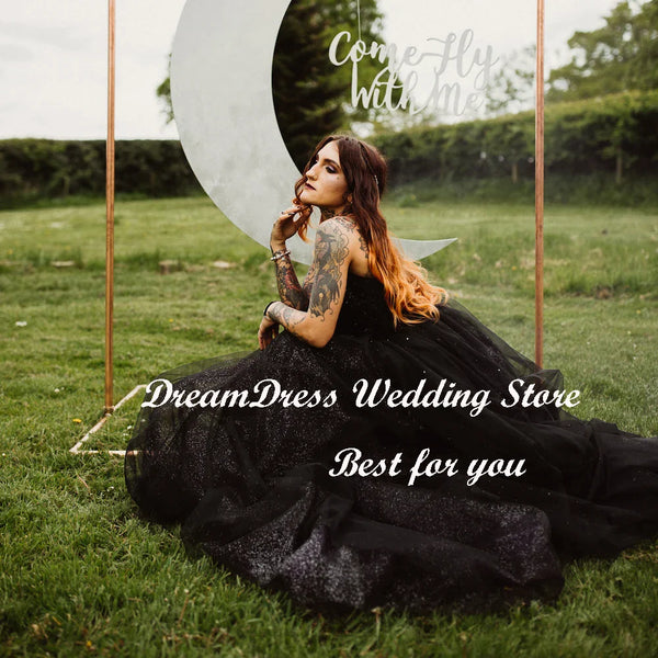 DREAM Black A Line Shiny Tulle V Neck Bridal Gowns Spaghetti Straps Crisscross Backless Gothic Bling Wedding Dress