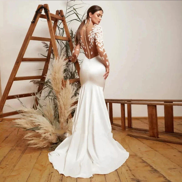 Illusion Backless Mermaid Wedding Dresses Long Sleeve Appliques Bride Gowns Elegant Formal Beach Party Vestidos De Novia