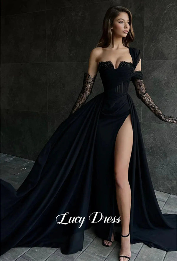 Lucy Satin Black Luxurious Evening Dress Bead Embroidery Decoration Dresses for Prom Long Wedding Party Sharon Happy New