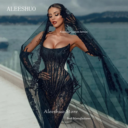 Aleeshuo Sexy Black Tulle Strapless Mermaid Evening Dresse Glitter Sequined Illusion Lace Sleeveless Evening Gowns Robe soirée