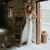 Backless Wedding Jumpsuit Wedding Dresses Sheath V-neck Chiffon Lace Boho Wedding Gown Bridal Jumpsuit Vestidos De Novia 28W