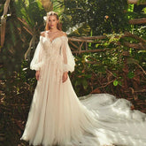 Boho Lace Puff Sleeves Tulle Wedding Dress Applique O-Neck Backless Beach Bridal A-Line Sequin Court Train Vestidos Ivory 14W