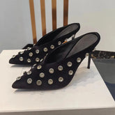 Runway Look Rhinestone Polka Dot Suede Half Head Slipper High-Heel Wedding Genuine Leather Summer Stiletto Heel Women Shoes Black