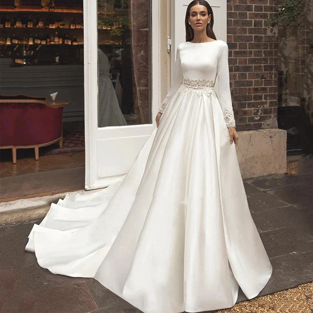 Gorgeous Wedding Dresses Formal Bridal Gowns Embroidery Satin A-Line Robes Floor Length Full Sleeves Vintage Vestidos De Novia