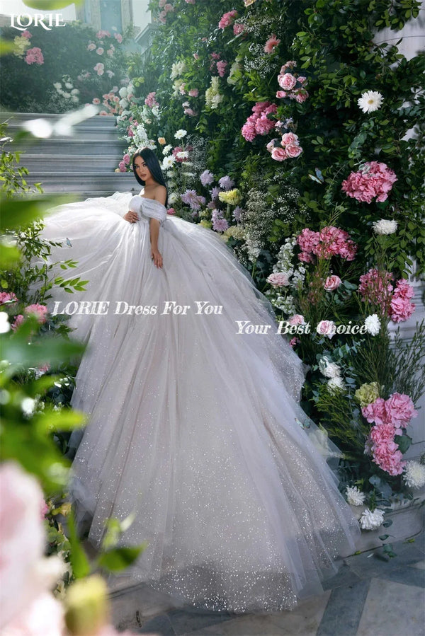 LORIE Glitter Tulle Wedding Dresses Off Shoulder Shiny Puffy Pleated Prom Bridal Gowns Sparkly Ball Pageant Bride Dress