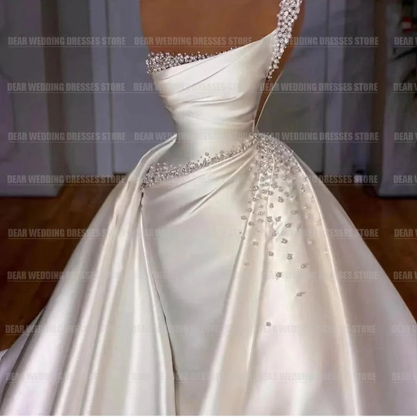 Luxury Detachable Train Mermaid Wedding Dresses For Woman Sexy Pearl Satin Formal Elegant Party Bridal Gowns Robe De Mariée