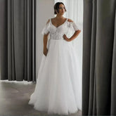 Plus Size Women Wedding Dress V-Neck Short Sleeves Custom Lace-Up Or Zipper Corset Lace Appliques New A-Line Tulle Bridal Gowns Picture Color
