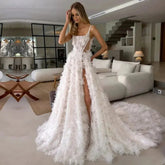 Luxury Bride Dresses For Formal Wedding Wear 3D Flowers Sexy Side Split A-Line Wedding Gown Corset Bone Bridal Dress Photo Color
