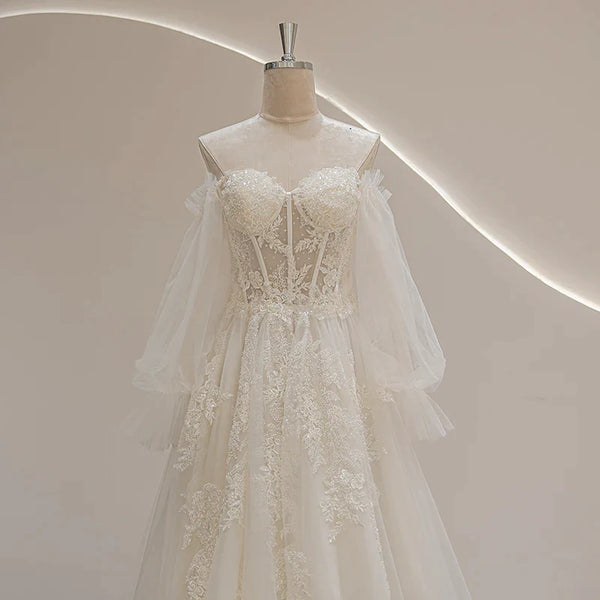 SL-9293 Suli Romantic Sweetheart Neckline Puff Long Sleeve Bride Wedding Dress Lace Appliques Beading Bohemian Bridal Gown