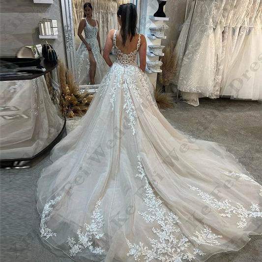 Fashion Lace Applique Wedding Dresses Sweetheart Off Shoulder Sleeveless High Split Elegant Fluffy Princess Style Bridal Gowns