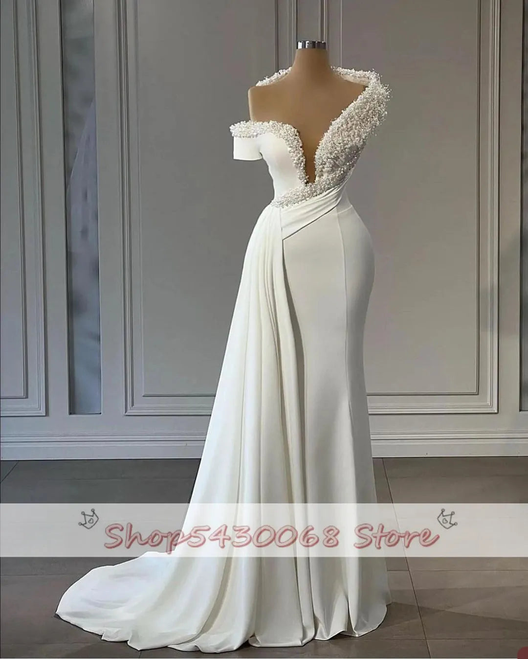 Modest Pearls Mermaid Bridal Gowns V Neck Wedding Dress Custom Made Sheer Neck Illusion Vestido de novia