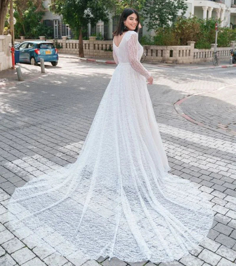 Beach V Neck Long Sleeve Plus Size Wedding Dresses Glitter Sequined High Split Wedding Gown Backless Floor Length Bride Dress