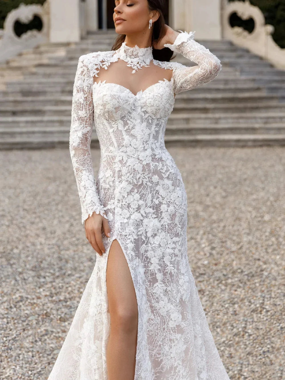 Modest High Collar Long Sleeve Wedding Dress Classic Lace Appliques Bridal Gown Graceful Mermaid Bride Robe Vestidos De Novia