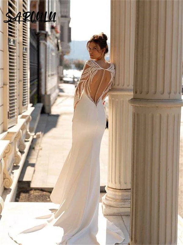 Indicate Long Sleeves Mermaid Satin Wedding Gown Scoop Bride Dresses Sheer Back Bridal Gown Vestidos De Novia