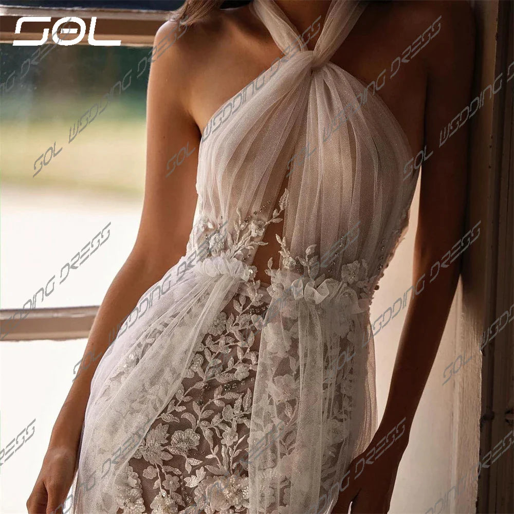 Sexy Halter Lace Appliques Pleat Tulle Wedding Dresses With Belt Elegant Backless A-Line Bridal Gowns Vestidos De Novia