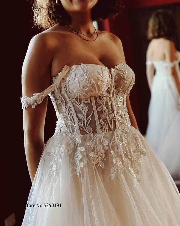 Vintage Off The Shoulder Sweetheart Lace Applique A Line Wedding Dresses Side Slit Formal Bridal Grown Vestidos De Noiva Mariage