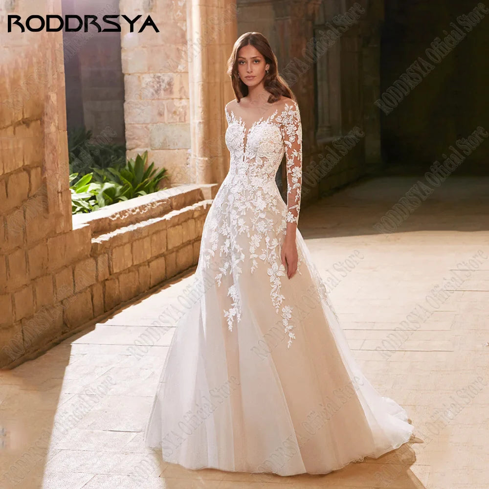 Romantic Wedding Dress For Bride Long Sleeves Sexy Backless Bride Gowns Lace Applqiue A-Line Princess vestidos de novia