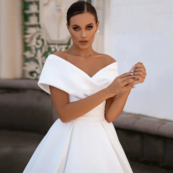 V Neck Simple Satin Wedding Gown Sweep Train Gorgeous Ball Gown Wedding Dresses Off The Shoulder Corset Bridal Dress