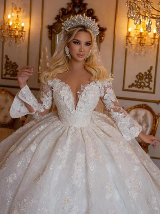 Luxury Ball Gown Wedding Dresses Deep V Neck Sequins Lace Bridal Dress Elegant Dubai Bride Dress Vestidos De Novia Custom