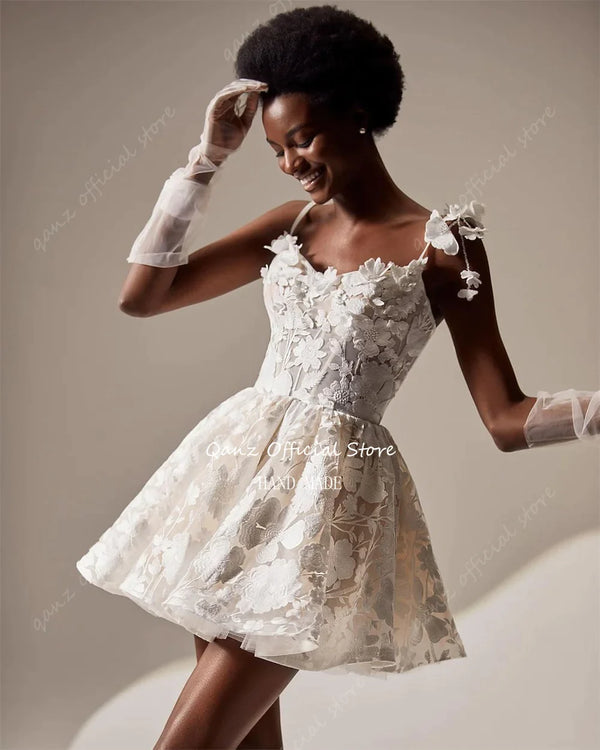 Qanz Appliques Short Wedding Dresses Spaghetti Straps 3D Flowers Robes Mariée A Line Corset Back Plus Size свадебное платье