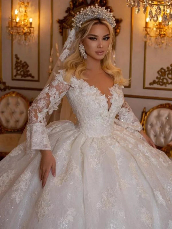 Luxury Ball Gown Wedding Dresses Deep V Neck Sequins Lace Bridal Dress Elegant Dubai Bride Dress Vestidos De Novia Custom