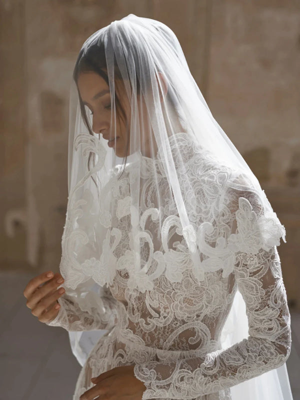 Modest High Collar Long Sleeve Wedding Dress Classic Lace Bridal Gown Elegant A-line Long Bride Robe Vestidos De Novia