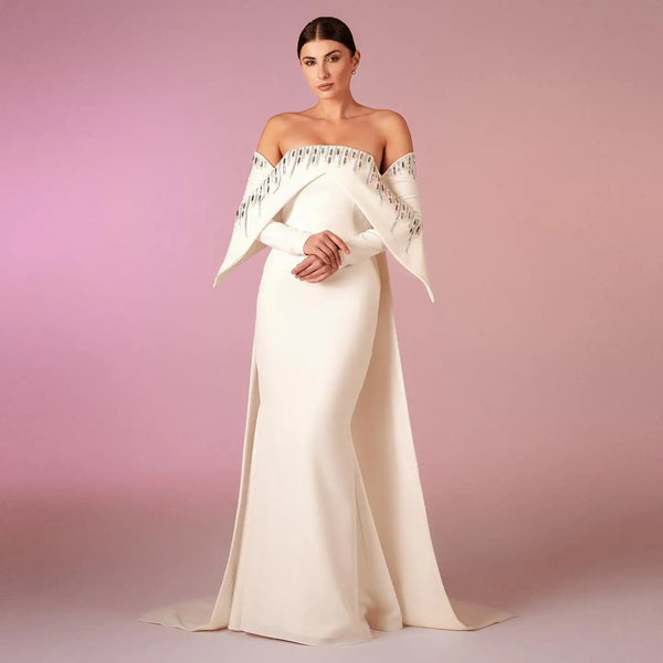 Elegant Off White Mermaid Dubai Evening Dress with Cape Long Sleeves Off Shoulder Arabic Wedding Party Gowns SF008