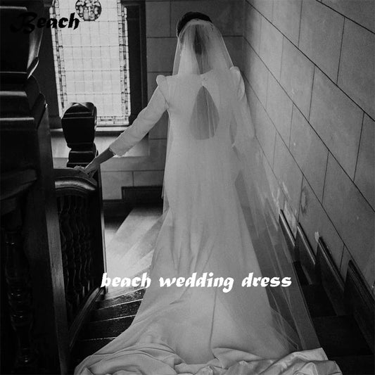 BEACH Simple Long Sleeves O Neck Mermaid Wedding Bridal Gowns Sexy Backless Sweep Train Bride Dress Boho vestidos largos