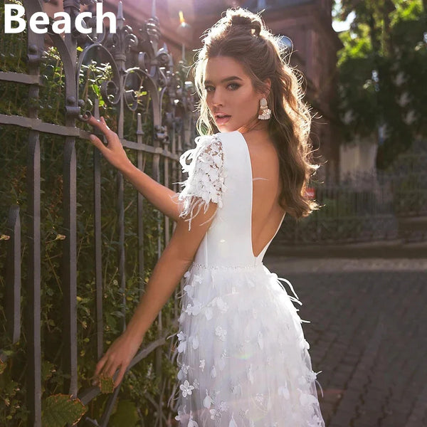 BEACH Elegant Straight A-Line Wedding Dress Deep V-Neck Lace Flowers Satin Bridal Gowns Short Feather Sleeves Brides Dresses