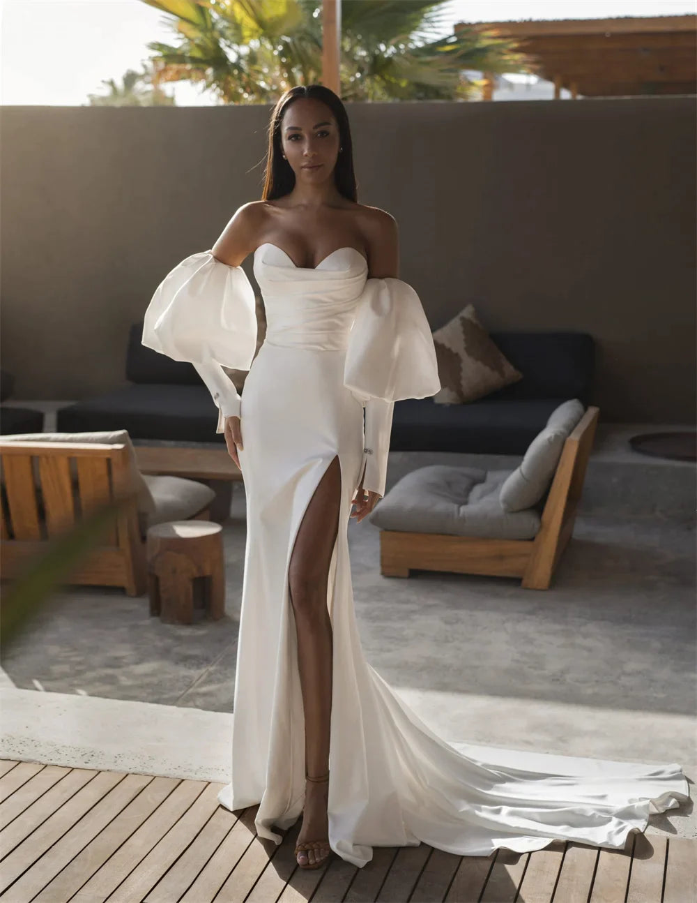 Detachable Puff Sleeves V-neck Soft Satin Sheath/Mermaid Wedding Dresses Side Slit Sweep Train Bridal Grownm