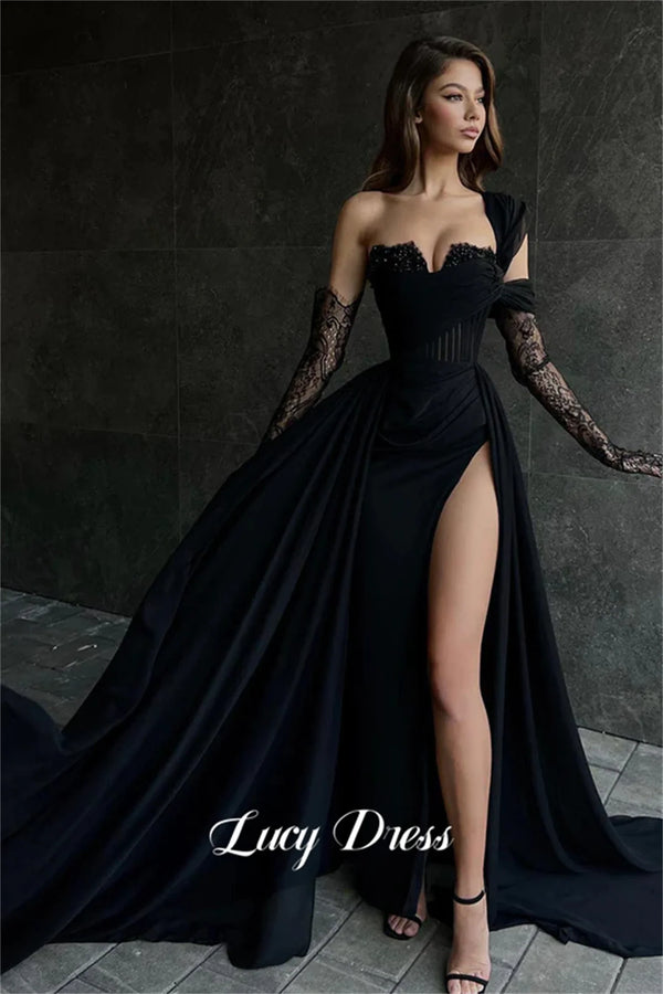 Lucy Satin Black Luxurious Evening Dress Bead Embroidery Decoration Dresses for Prom Long Wedding Party Sharon Happy New