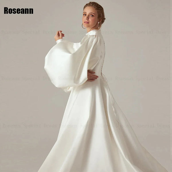 Muslim High Collar Ivory A-line Wedding Dresses Fold Puff Sleeve Satin Draped Pleat Bride Gown Floor Length robe de mariée