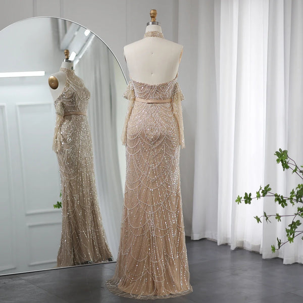 Luxury Dubai Nude Mermaid Evening Dresses with Gloves Sexy Halter Arabic Women Wedding Formal Party Gowns SS289