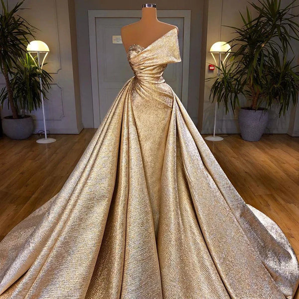 Gold Mermaid Evening Dress with Overskirt Luxury Long Prom Formal Dresses Black Girls Wedding Party GownsSS297