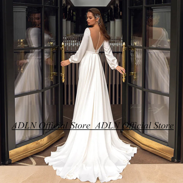 New Arrival Wedding Dress Sheer Mesh Scoop Neck Puff Sleeves Beading Mermaid Bridal Gown with Detachable Train
