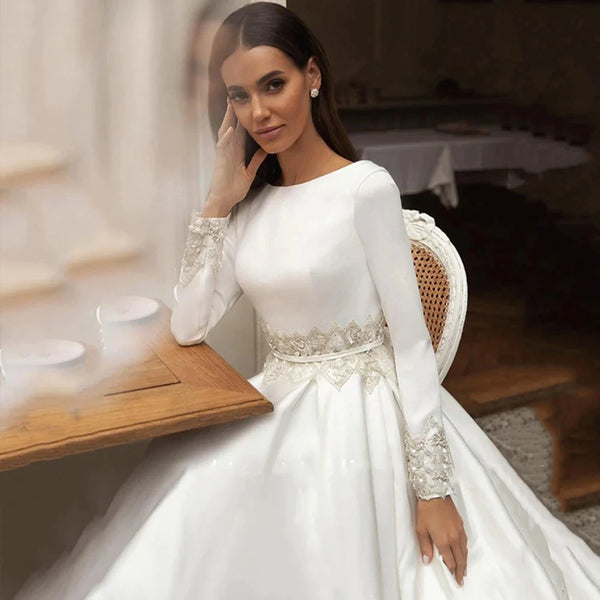 Gorgeous Wedding Dresses Formal Bridal Gowns Embroidery Satin A-Line Robes Floor Length Full Sleeves Vintage Vestidos De Novia