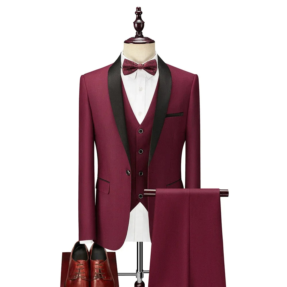 Men For Wedding Suit 3 Pieces Set Elegant Blazers Shawl Collar Luxury Jacket Pants Vest Formal Coat Skinny Dress