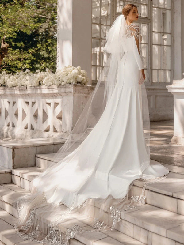 Modest O-neck Long Sleeve Wedding Dress Sparkly Sequins Beads Bride Robe Elegant Mermaid Long Bridal Gown Robe De Mariée