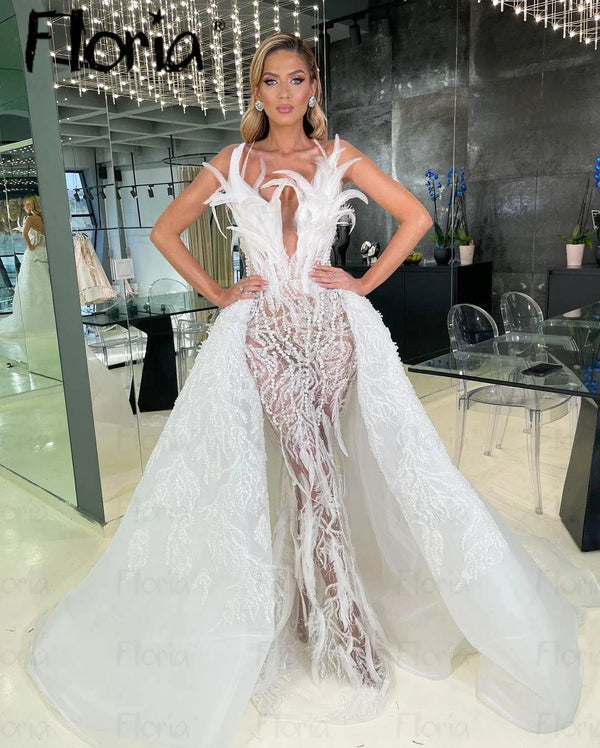 Floria Ivory Feather Mermaid Wedding Dresses Luxury For Women Detachable Train Bridal Gowns Formal Prom Gowns for Wedding