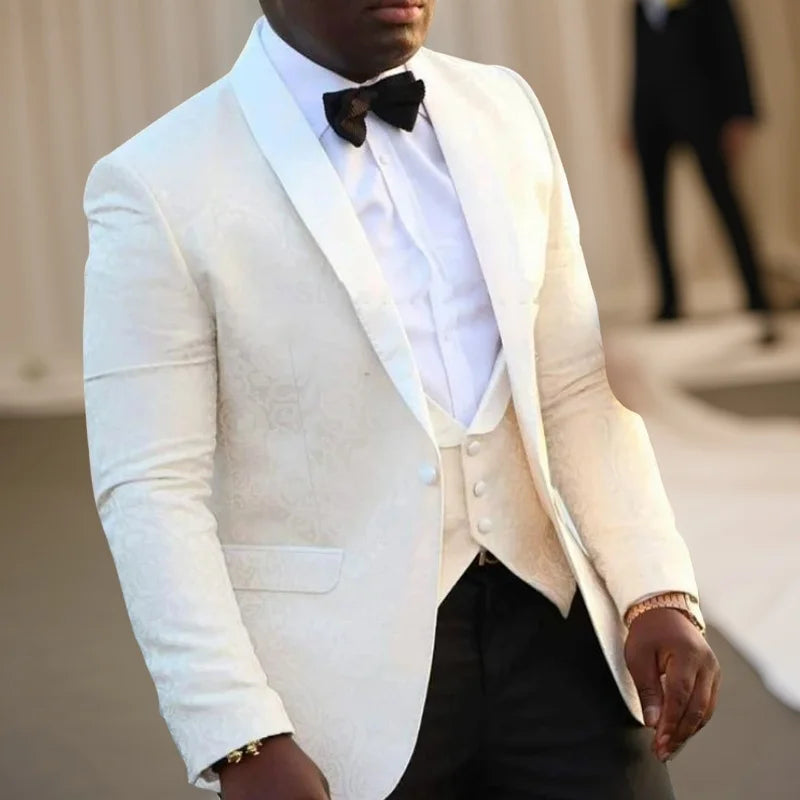 Floral Groom Tuxedos for Wedding Slim Fit Men Suits Custom Shawl Lapel Prom Dinner Best Man Costume ( Jacket+Pants+Vest)