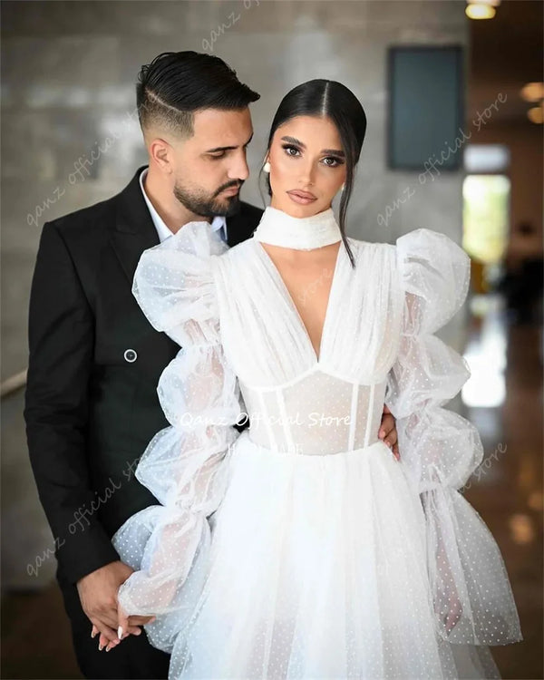 Qanz Boho Tulle Wedding Dresses Puff Sleeves Long A Line Illusion Bridal Gowns V Neck Corset Back Robes De Mariage élégante