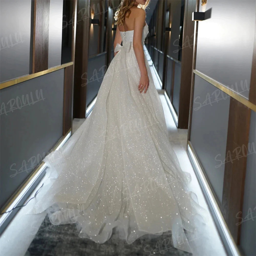 Strapless Glitter Wedding Dress A-line Sequined Shinny Bride Dresses Robe De Mariee Sleeveless Pleated Wedding Gown