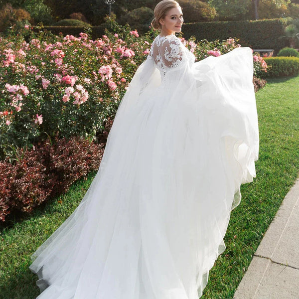 Princess Sweetheat Lace Sleeve Wedding Dresse Sweep Train Vestido De Novia Satin Cap Straps New Bride Dress Elegant